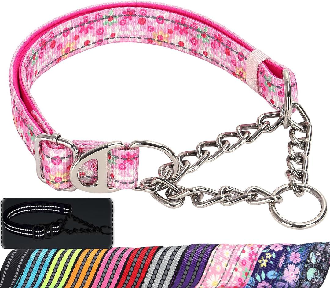 Reflective Martingale Dog Collar with Soft Padded, Adjustable Heavy Duty Choke Steel Chain Big Dog Training, Walking, Hunting Collar for All Breeds (Pink Flowers M) (M(Neck12"-17"), 2)