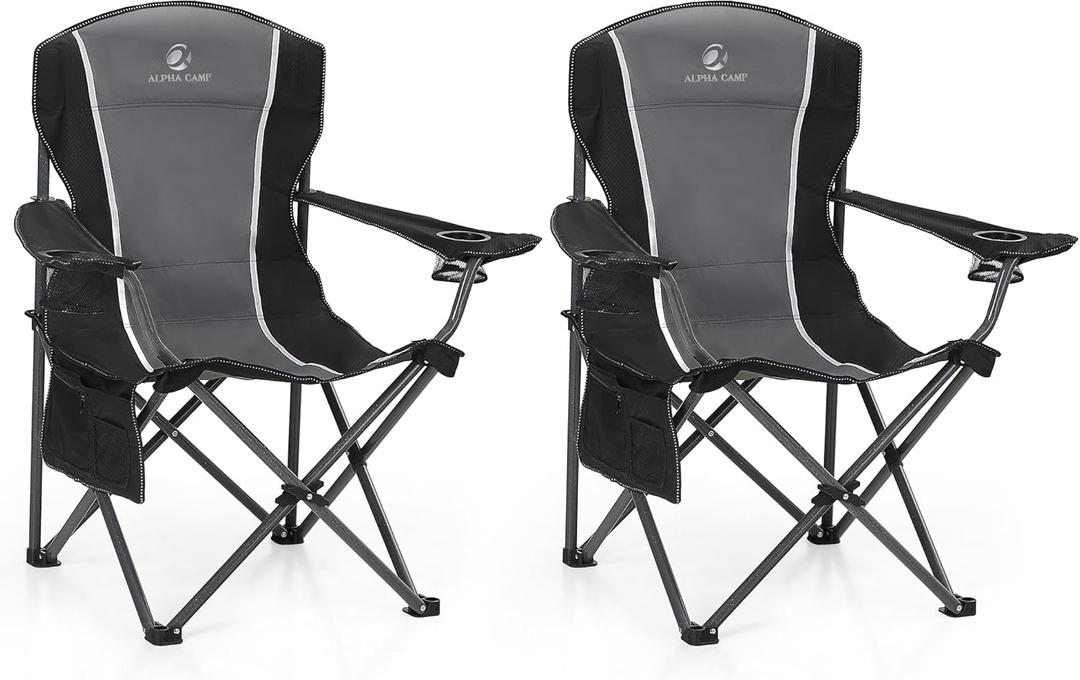 ALPHA CAMP Oversized Camping Folding Chair - Heavy Duty Steel Frame Support 350 LBS, Collapsible Padded Arm With Cup Holder, Quad Lumbar Back, Portable for Outdoor/Indoor (Black Grey-2pc)