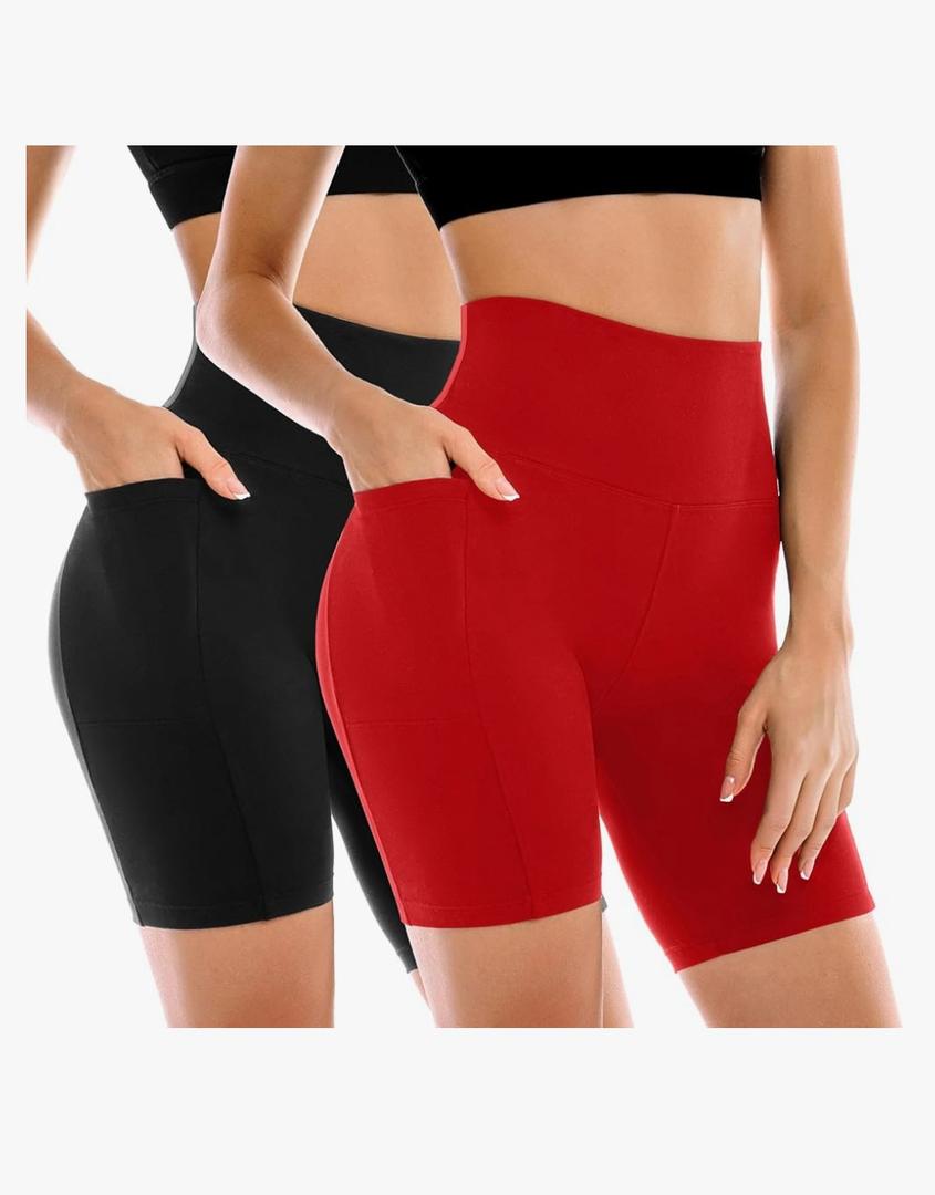 2 Pack Womens Biker Shorts with Pockets, High Waisted Yoga Shorts for Women Running Gym and Workout L