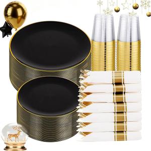 KIRE 350 PCS Plastic Dinnerware Set for 50 Guests - Black and Gold Plates 50 for Dinner 50 for Dessert & 50 Pre Rolled Napkins with Disposable Silverware 50 Cups for New Year/Banquet/Wedding