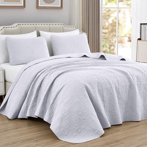 Chezmoi Collection Luca 3-Piece Oversized Bedspread Set, King Size, White - Summer Quilt Lightweight Microfiber Bedspread 118 x 106 - Floral Medallion Pattern Coverlet for All Season