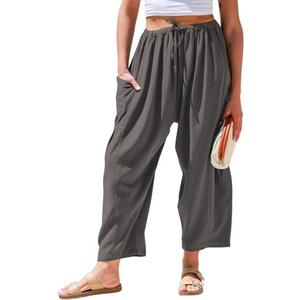 TARSE Womens Linen Wide Leg Pants Casual Loose Drawstring Summer Beach Travel Vacation Palazzo Harem Pants with Pockets M 33", Gr