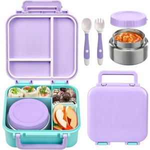 Bento Box for Kids with Soup Thermos(9oz) Kid Bento Lunch Box with Leak Proof Insulated Food Jar, Hot & Cold Lunch Container Set for School Girls Boys, 4-Compartments, Purple/Blue
