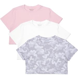 MAX ALLIE Women's Ultra Soft Cropped T Shirt Crew Neck Tees Casual Loose Fit Basic Lightweight (XX-Large, White/Camo/Pink)