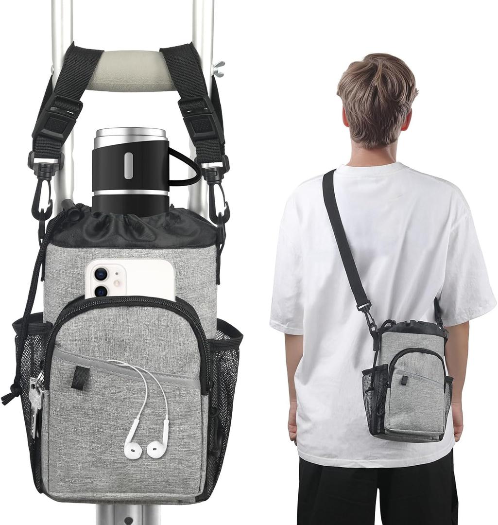 Crutch Accessories Bag Pouch with Detachable Shoulder Strap, Water-Resistant Dual-Purpose Zipper Pouch for Crutches, Lightweight Crutches Pouch Storage Tote for Adults Men, Women