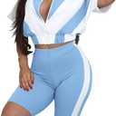 Ophestin 2 Piece Sets for Women Color Block Summer Short Sleeve Zip Up Cropped Jacket Biker Shorts Tracksuit Lounge Set, Medium