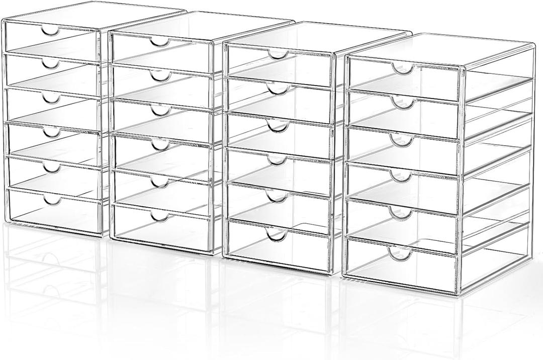 Makeup Drawer Storage Organizer with 24 Drawers, 4 Set Acrylic Office Desk Organization and Storage, Dustproof Drawer Organizer for Makeup, Office, Countertop, Jewelry, Pen, Desktop, Bathroom, Bedroom