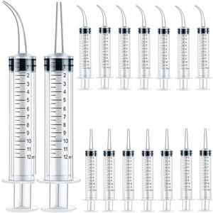 TIHOOD 16PCS 12ml/cc Plastic Syringes Set, Syringe with Curved Tip and Straight Tip, Disposable Irrigation Syringe Mouthwash Cleaner for Oral Care, Animal Feeding, with Measurement