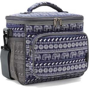 FlowFly Insulated Reusable Lunch Bag Adult Large Lunch Box for Women and Men with Adjustable Shoulder Strap,Front Zipper Pocket and Dual Large Mesh Side Pockets,Elephant