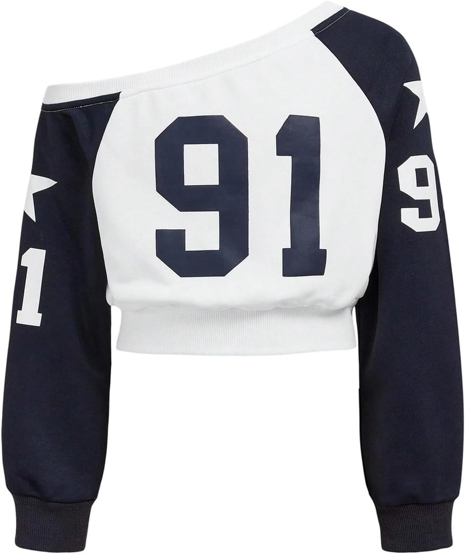 SOLY HUX Girl's Graphic Y2k Jersey Sweatshirt Number Print Off the Shoulder Long Sleeve Casual Fall Pullover Tops Blue and White Letter 12Y