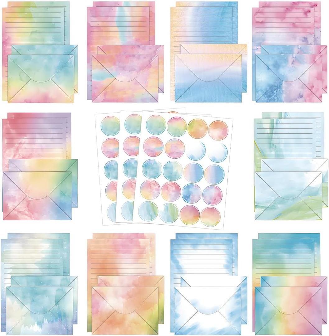 FUNCLASS 160 Pcs Stationery Set Letter and Envelopes  50 Lined Stationery Paper and 50 Matching Envelopes, 5.5 x 8.25 Inches Letter Writing Stationery for Home, Office, School(Watercolor)