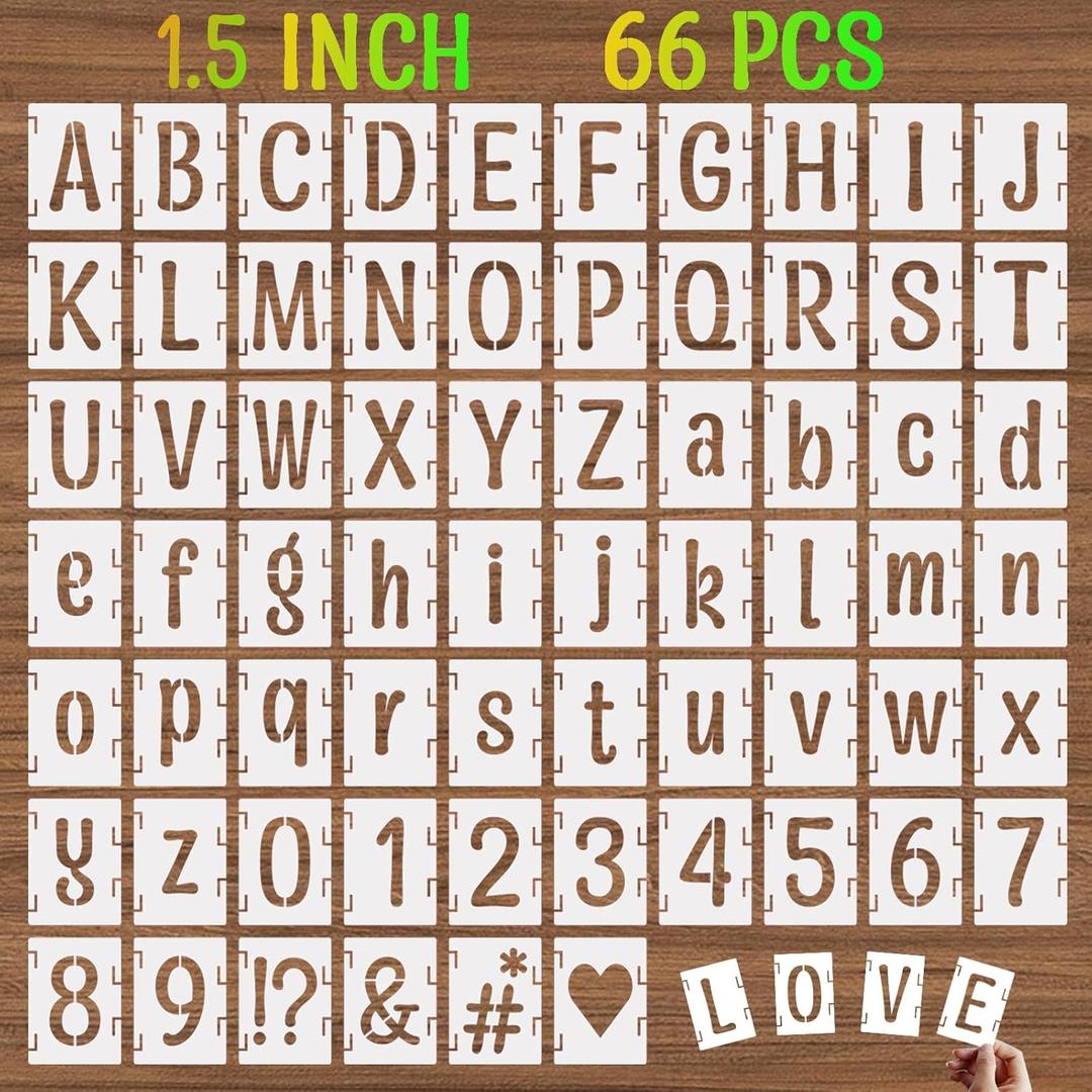 1.5 Inch Alphabet Letter Stencils, 66 Pcs Reusable Plastic Letter Number Symbol Interlocking Drawing Template Kit for Painting on Wood, Wall, Glass, Fabric, Signage, Door Porch