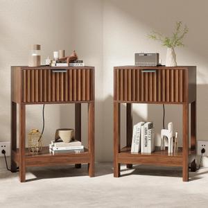 Nasonet Night Stand Set 2, Fluted Nightstand with Charging Station, Wood Bedside Table with Drawer & Storage Shelf, Modern End Tables for Bedroom Sofa Couch Office, Walnut