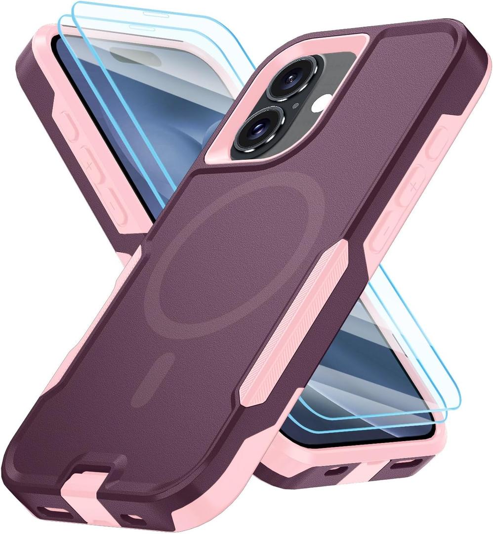 Magnetic for iPhone 16 Case,Heavy Duty Magnetic Phone Case, with 2X Tempered Glass Screen Protecto, Phone Cover for iPhone 16 6.1 Inch (WineRed/Pink-MAG)
