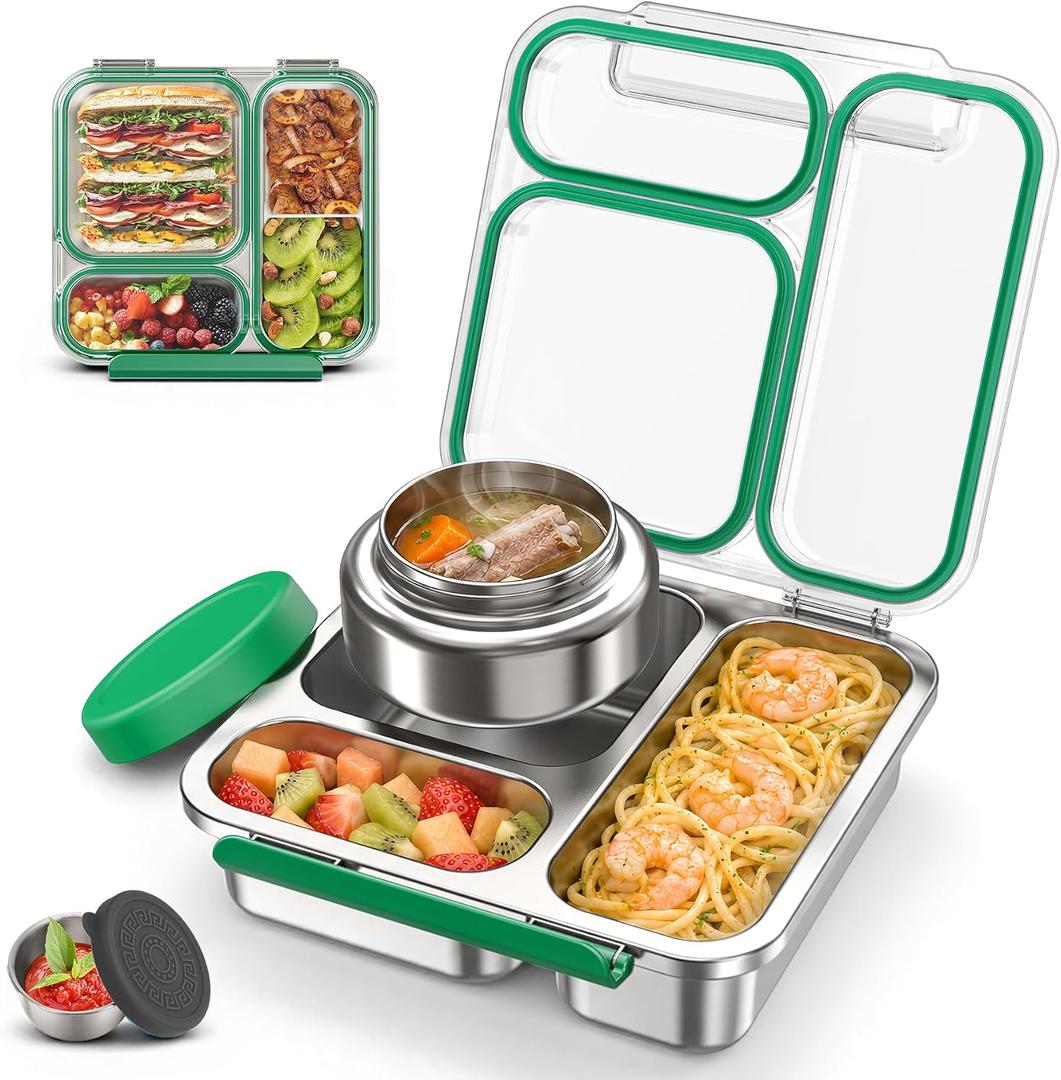 Stainless Steel Bento Box Kids Adult with 7oz Soup Thermo, Transparent Lid 3 Compartments Metal Bento Lunch Box with Insulated Food Jar,Lunch Box Container Sauce Cup for School,BPA-Free (Green)