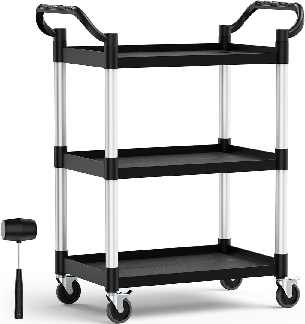 Plastic Utility Carts with Wheels, 3-Tier Rolling Cart with 4 Lockable Wheels, Heavy Duty 600 LBS Capacity Food Service Cart (Does Not Contain Recycled Plastic),16.8" D x 31.5" W x 37.8" H