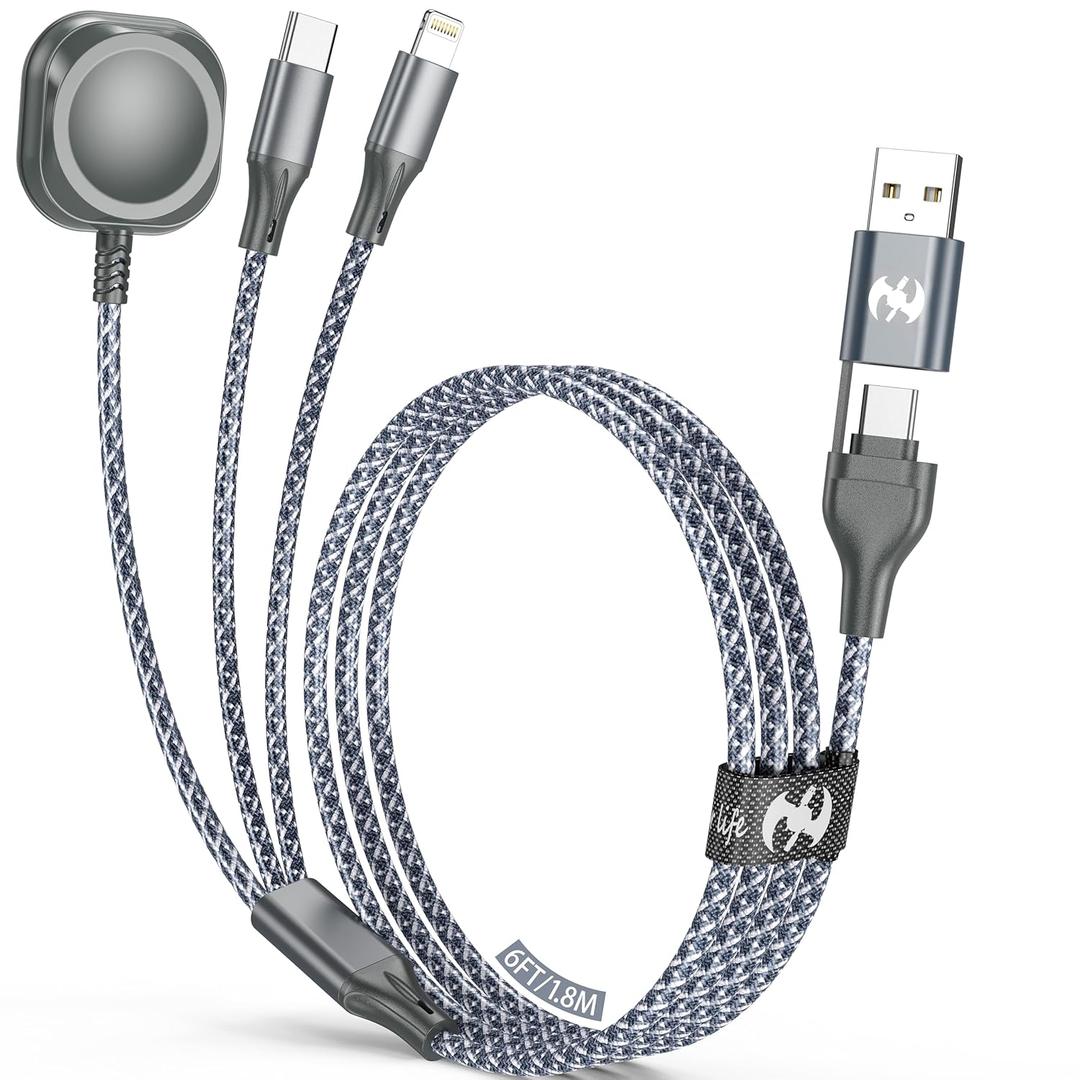 Multi Charging Cable for Apple Watch Charger,3 in 2 USB C Cable 6FT iPhone Charger/Type C/Lightning Travel Essentials Cables for iWatch Ultra/SE/10-1&iPhone 16-5 Pro/Plus