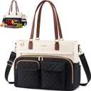 LOVEVOOK Lunch Bag, Tote Bag for Women with Insulated Lunch Compartment, Laptop Bag with Cup Holder, Work Tote for Teacher fit 17.3 Inch Laptop, Nurse Tote with Large Capacity, Black-Beige-Brown