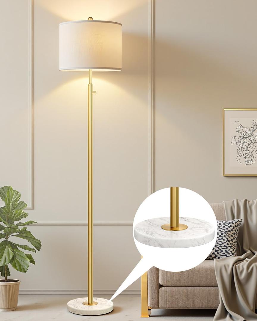 UpgradedDimmable Gold Floor Lamps for Living Room, 11W LED Bulb Included, Modern Standing Lamp with Marble Base, Tall Pole Light with White Linen Shade for Bedroom Reading Office Corner Nursery