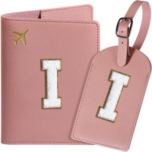 Passport Cover Case and Luggage Tag Set for Women Girls, Passport Book Holder with Personalized Chenille Letter Patch, Slim Travel Wallet Bag Suitcase Identifier, Pink, I