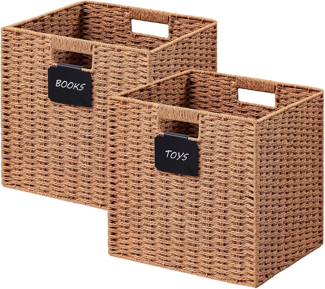 UBBCARE 2 Pack Wicker Basket, 1313 Storage Cubes with Label, Foldable Cube Storage Bin with Handle, Square Storage Basket for Shelves, Woven Paper Rope Basket for Organizing, Caramel