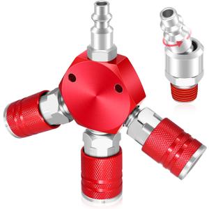 3 Way Air Hose Splitter,Red Air Manifold,Air Compressor Splitter 1/4 NPT Coupler, Flat Hex Manifold Air Couplers and Quick Connect Plug,with 1/4"" NPT I/M Industrial Type Swivel Air Plugs (A)