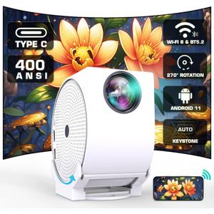 [Built-in Apps] Projector with WiFi and Bluetooth, Android Smart Projector 4K Support Portable Video Projector 270Adjustable, 400 ANSI Lumen, Auto Keystone & Focus, Outdoor Movie Projector (2025)