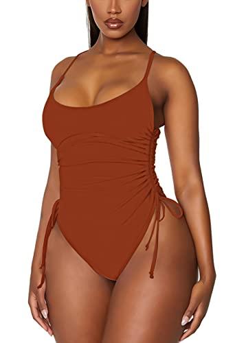 Viottiset Women's Ruched Drawstring One Piece Swimsuit Tummy Control Bathing Suit (Burnt Orange, Small)
