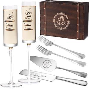 Physkoa Engagement Gifts for Couples-Mr and Mrs Champagne Glasses with Keepsake Box,Cake Knife and Server-Perfect Wedding, Engagement, or Bridal Shower Gift for Couples