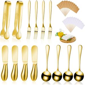 Patelai 14 Pieces Charcuterie Board Accessories Cheese Spreader Knives Set Stainless Steel Charcuterie Utensils Spreader Knives Mini Serving Tongs Spoons and Forks for Cheese and Pastry Making (Gold)