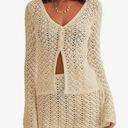 Fisoew Womens Crochet 2 Piece Cover Up V Neck Bell Sleeve Button Cardigan Sheer Mesh Beach Mini Skirt Coverup Set (Small, Khaki)