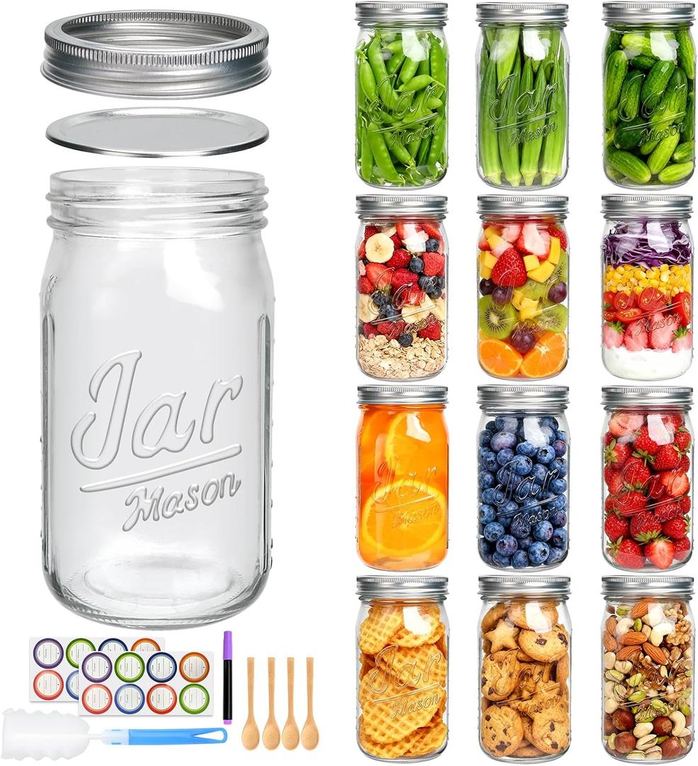 Accguan 32oz Mason Jars with Lids, Wide Mouth Mason Jars,Food Storage Container Excellent Choice for Honey,Drinking,Spice Jars,Canned Goods,DIY Projects,Jam,Wedding Favors,Canning Jars set of 12Pack