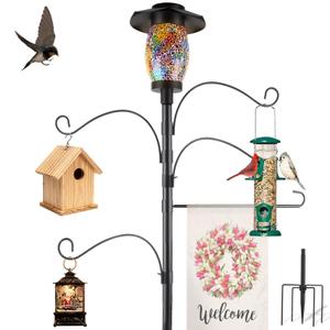 4-Hook Solar Shepherds Hooks for Outdoor,Heavy Duty 80 Inch Bird Feeder Pole with 5 Prongs Base|Flag Holder|Solar Lights,Adjustable Garden Hook for Hanging Flower Basket,Lantern,Bird Nests
