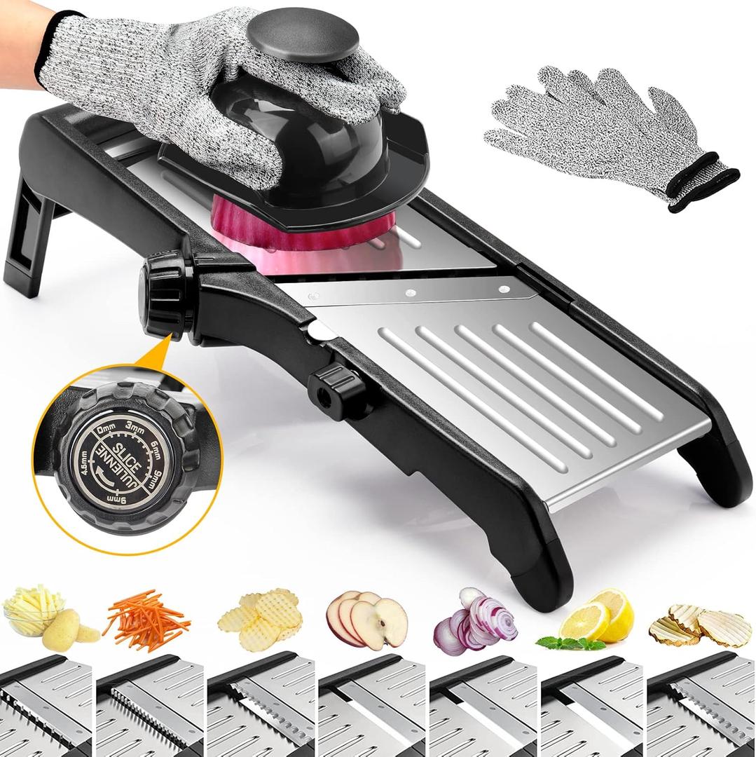 Mandoline Food slicer for kitchen, Adjustable Stainless Steel Mandoline Vegetable slicer, Food slicer Onion Potato Chip French Fry, 7 in-1 Adjustable Blade, Including 1 Pair Cut-Resistant Gloves (Gray)