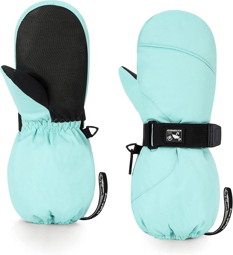 HIGHCAMP Kids Long Cuff Winter Gloves with Stay-on Strap Waterproof Mittens for Toddler Children Snow Ski (Aqua Green)
