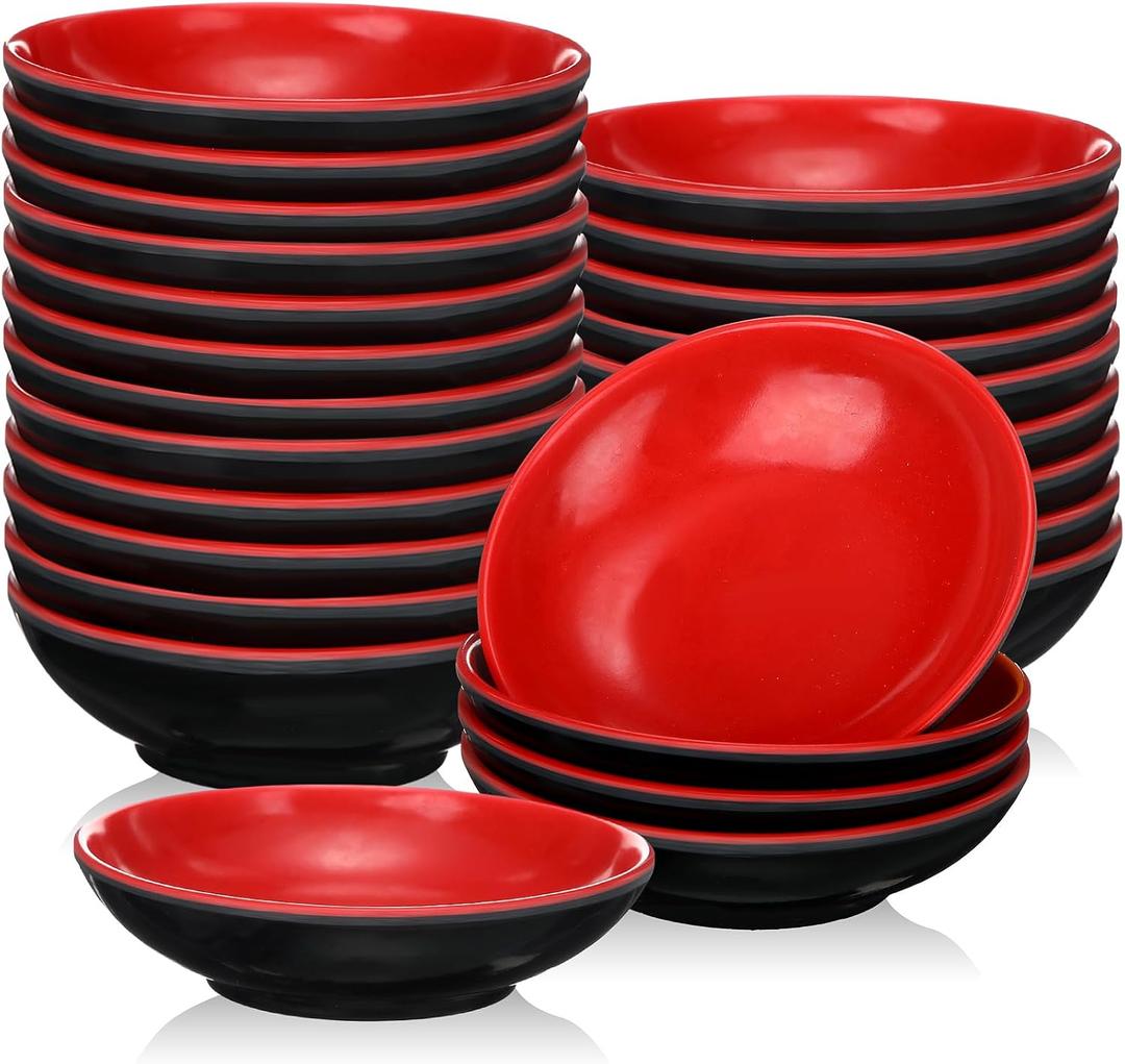 Hushee 25 Pcs Dipping Bowls Soy Sauce Dishes Dipping Sauce Cups Serving Plate Set Black Red Side Small Dish Pinch Bowls for Condiment, Soy, BBQ, Desserts(Round)