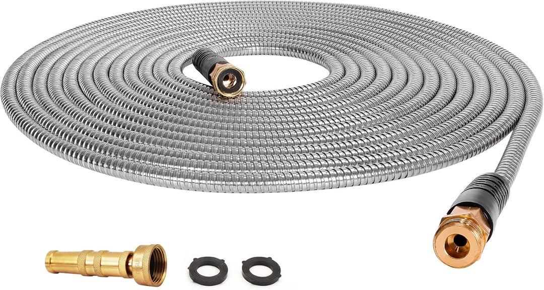 Cesun Metal Garden Hose 75ft - 304 Stainless Steel Water Hose, Flexible, Lightweight and No-Kink Metal Hose with Brass Nozzle for Outdoor, Yard