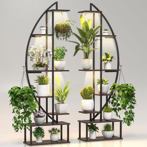 Plant Stand Shelf Indoor with 6 Grow Light, 7 Tiered 65" Tall Black Large Half Moon Lighted Plant Rack Holder, 2 Pack Big High Circular Arch Multi Herb Stand with Built in LED Grow Light Set