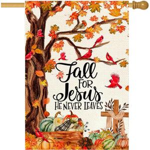 RABUSOFA Fall for Jesus House Flag 28x40 Inch Double Sided for Outside, Autumn Maple Cardinal Pumpkin Outdoor Seasonal Christian Large Garden Yard Flag Porch Decoration