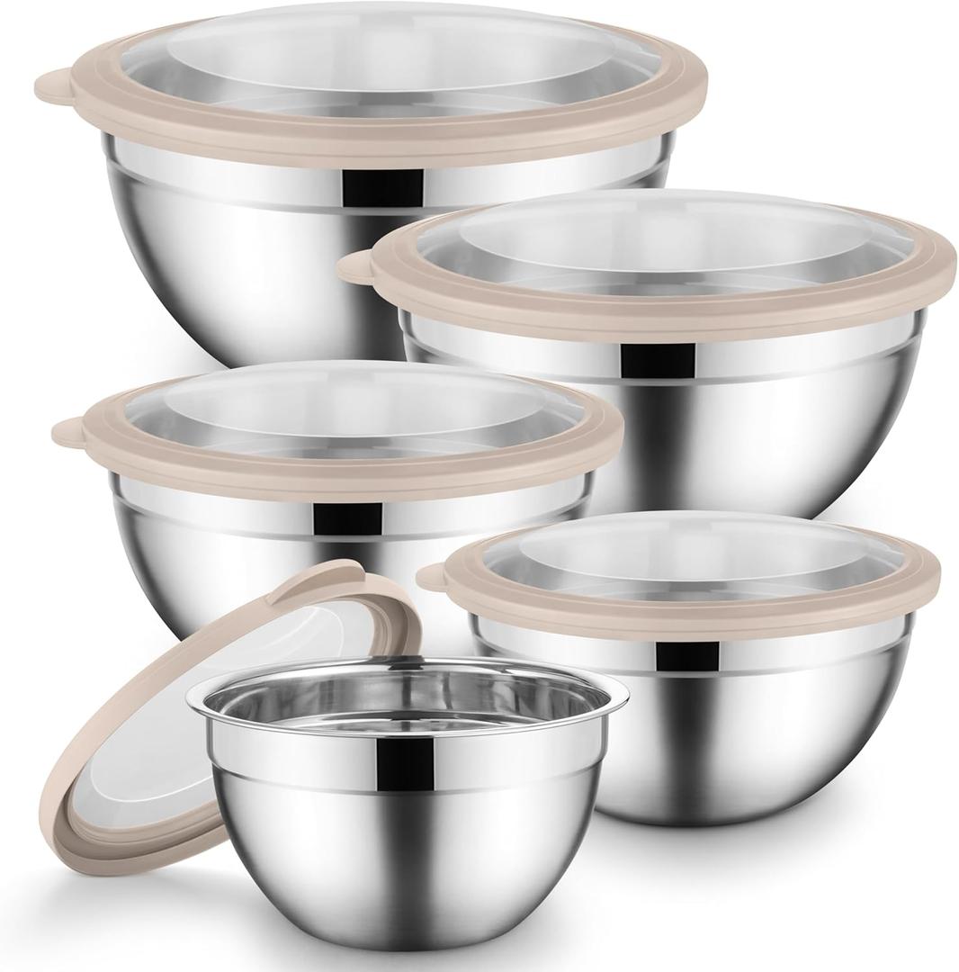 Onader Mixing Bowl Set of 5 for Kitchen, Stainless Steel Metal Nesting Mixing Bowls with Khaki Lids  Size 1.5, 2, 2.6, 3.5, 4.6QT