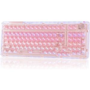 KiiBoom Phantom 98 Crystal Mechanical Gaming Keyboard, Transparent Keyboard with RGB Backlits, Hot-Swappable, Shine Through Clear Keycaps, 3 Modes Wireless, 8000mAh Battery, NKRO for Win/Mac (Pink)