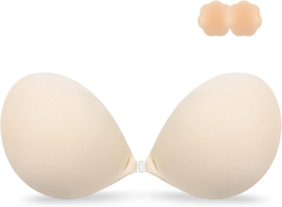 Niidor Sticky Bra Women's Strapless Backless Invisible Push up Silicone Bra with Nipple Covers (Dark Skin Tone)