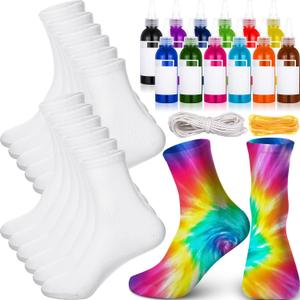 Tie Dye Kit Includes 12 Blank Socks, 12 Colors Concentrates Pre-Filled Bottles, 20 ft Cotton Strings and 20 Rubber Bands for Tie Dye Party Groups DIY Supplies, Christmas Birthday Party Gift