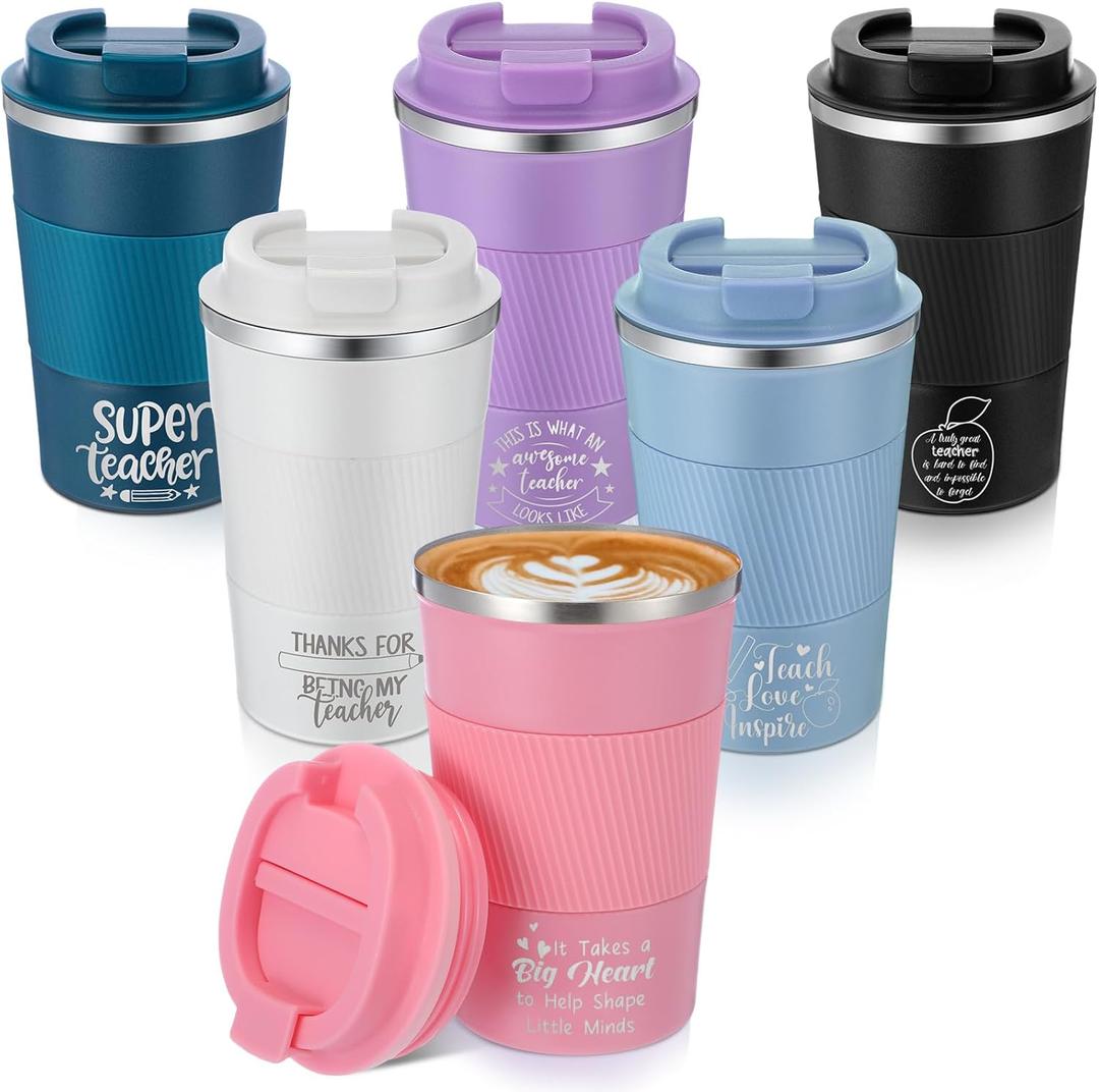 Pickmesh 6 Pcs Teacher Appreciation Gift Tumbler Insulated Coffee Mug Cup 12oz with Lids Daycare School Teacher End of Years Gifts from Student for Women Men