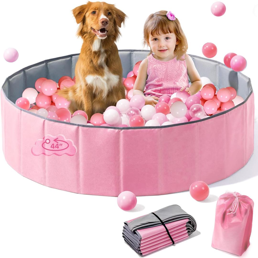 Hikiddy Large Ball Pit for Toddlers - 44 in Baby Ball Pit with Pop-Up Playmat, Foldable Kids Ball Pool, Dog Play Pit, Indoor and Outdoor Use, Hold Over 1000 Balls, Balls Not Include (Pink)