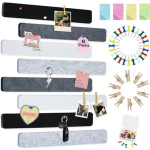 Vuzvuv 8 pcs Bulletin Board Bar Strips with 50 Pushpins & 10 Wooden Clip pinsSelf Adhesive Cork Board for WallFelt Pin Board for SchoolOffice DecorBlack White Grey