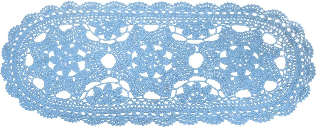 uxcell Crochet Doilies, 22" x 10" Handmade Crochet Table Placemats Oval Lace Doilies 3 Flowers Pattern Cotton Coaster for Wedding Party Decoration, Light Blue