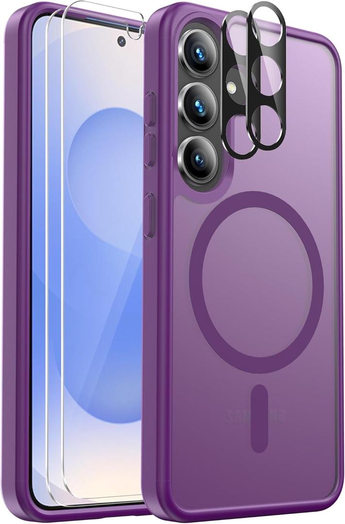 Ezanmull for Samsung Galaxy S25 Case Magnetic Shockproof, [Fit for MagSafe] [Glass Screen Protector + Camera Lens Protector] Translucent Anti-Fingerprint Case for Samsung Galaxy S25 6.2" (Purple)