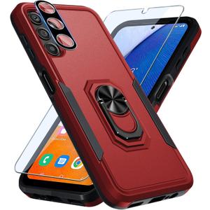 Janmitta Compatible with Samsung Galaxy A14 5G Case with Screen Protector+Camera Lens Protector,Heavy Duty Full Body Phone Cover Built in Ring Holder Kickstand,2023 Red