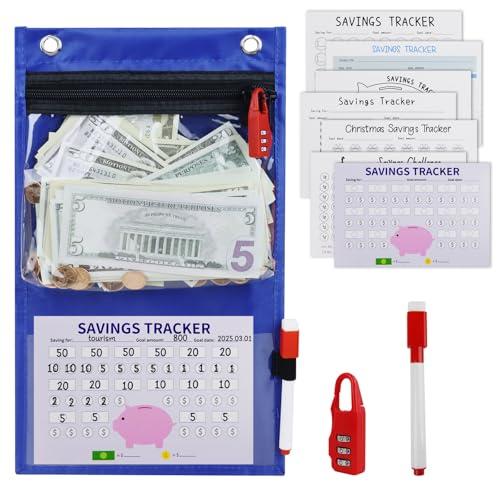 ZKOO Wall Mount Money Savings Challenge Hanging Bag, Saving Trackers Wallet Budget Binder Savings Cards, Money Organizer Book Budget Planner Accessories with Combination Lock and Hanging Loop